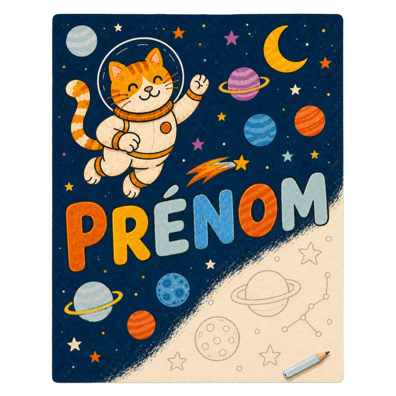 L’affiche spatiale personnalisée Prénom, colorée à 80 % et encore dessinée au crayon dans sa partie inférieure