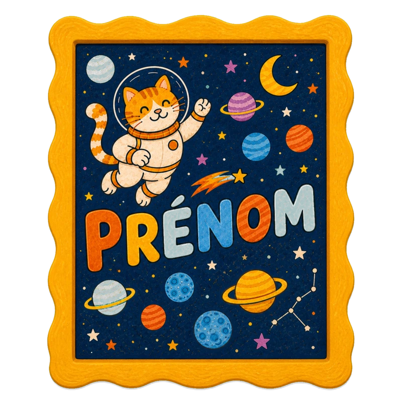 L’affiche spatiale personnalisée Prénom, terminée et présentée dans un cadre jaune
