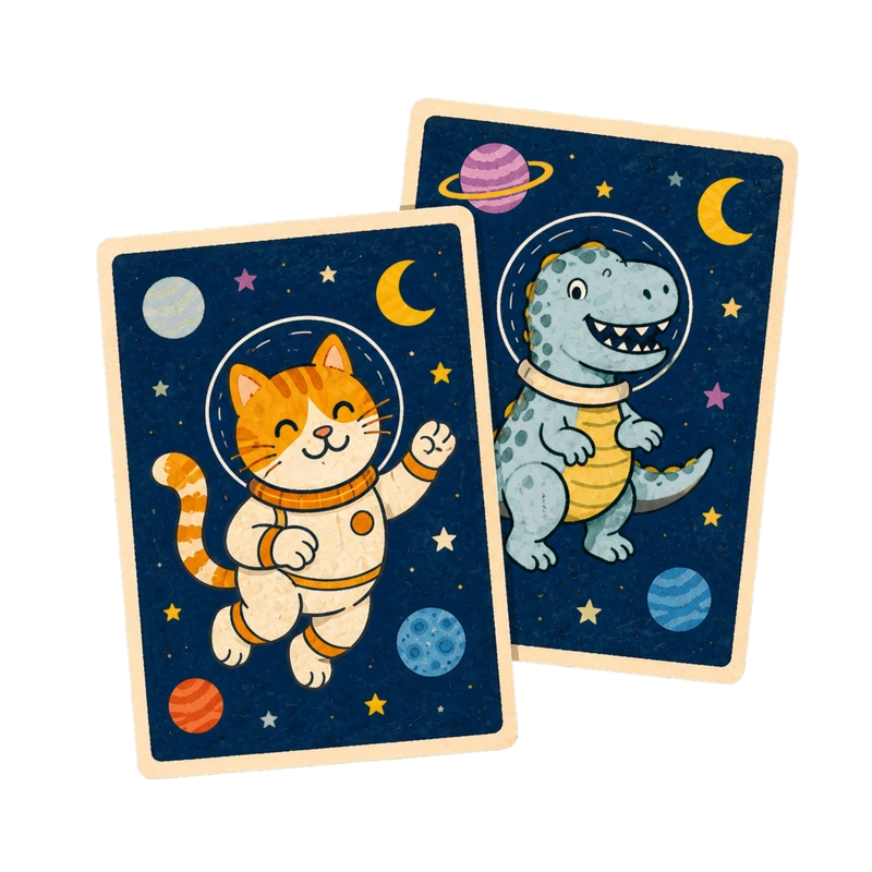 Deux affiches pour enfants illustrées de chats et de dinosaures dans l’espace