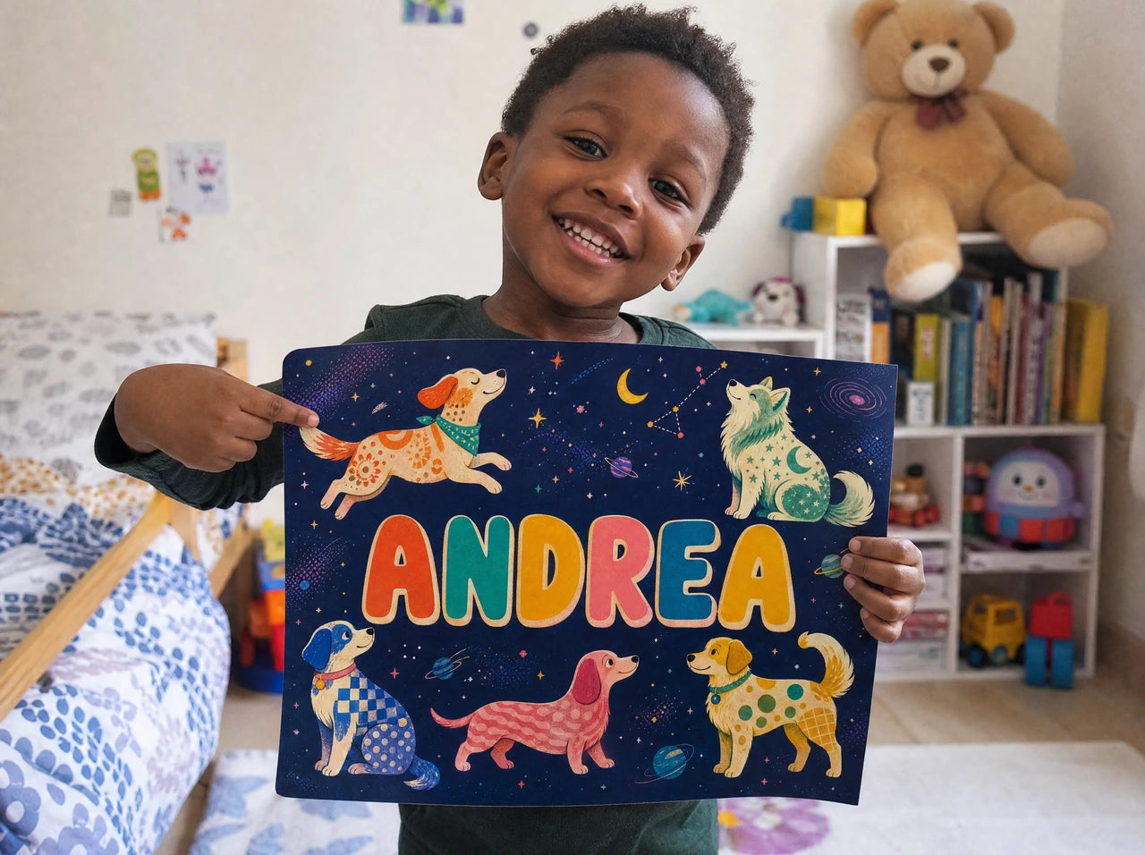 Affiche personnalisée d’Andrea illustrée avec des chiens dans l’espace
