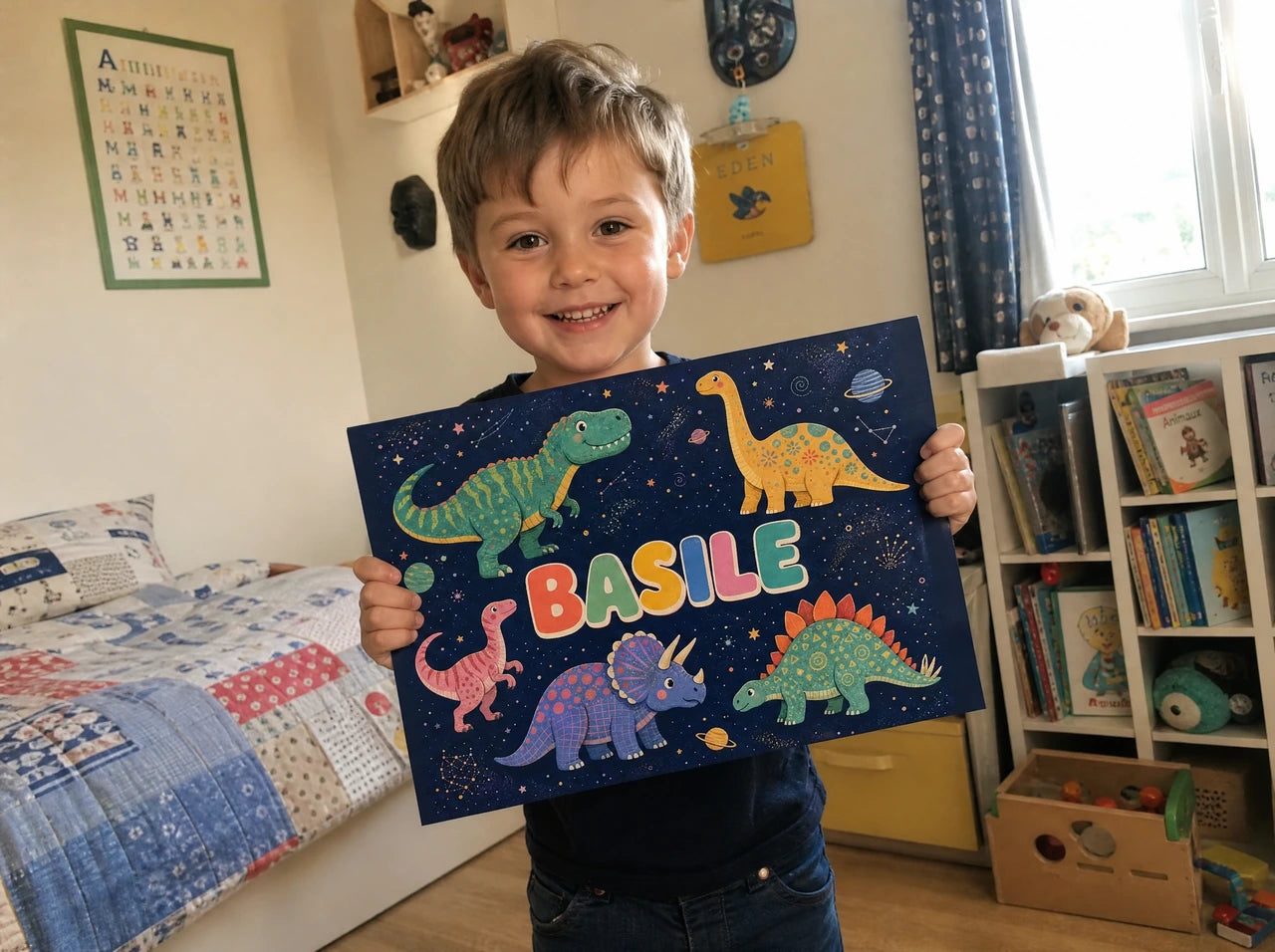 Affiche personnalisée de Basile illustrée avec des dinosaures dans l’espace