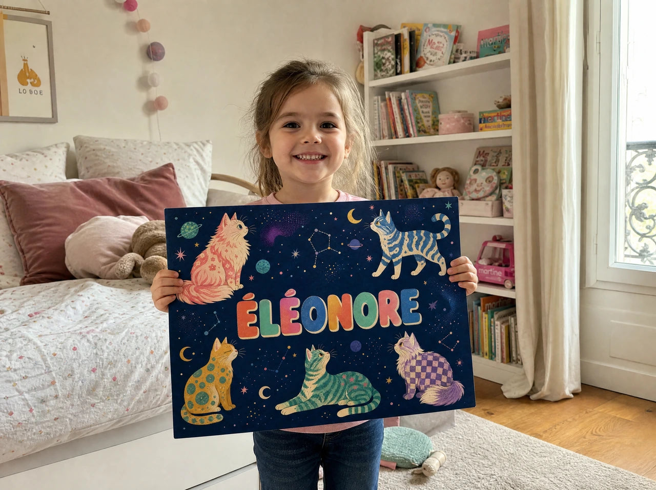Affiche personnalisée d’Éléonore illustrée avec des chats dans l’espace