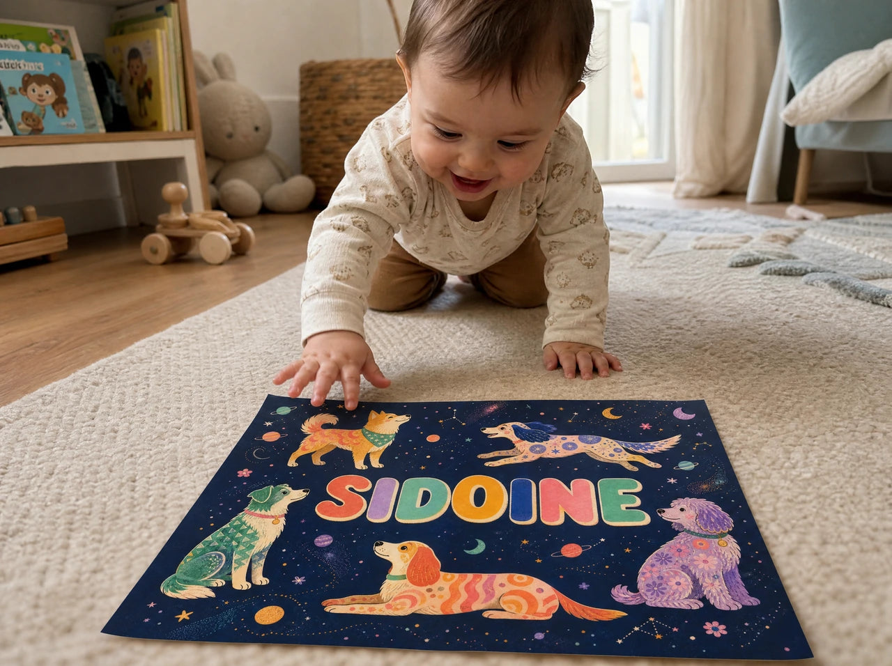 Affiche personnalisée de Sidoine illustrée avec des chiens dans l’espace